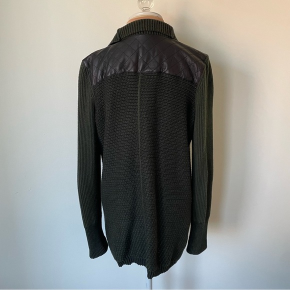 White+Warren Cotton Knit Army Green Black Quilted Leather Yoke Sweater Jacket M - Picture 4 of 9